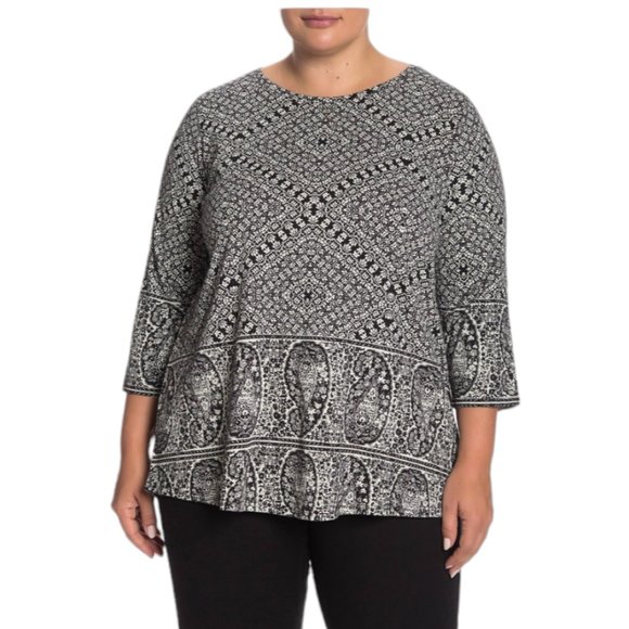 ❤️2/$18 Lucky Brand Boho Tunic Top 3/4 Sleeve Floral Paisley Print Stretch Plus - Picture 1 of 7